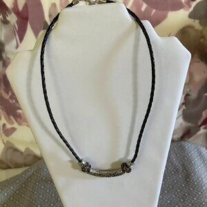 handmade necklace twisted black leather, long silver, brownish with larger holes